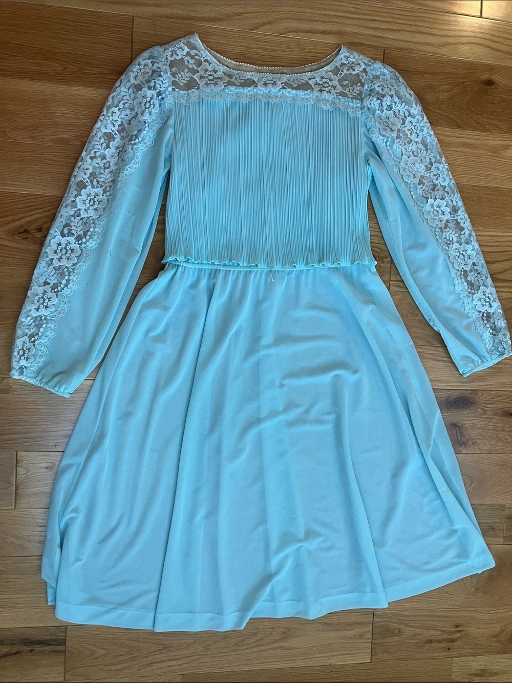 Vintage Powder Blue Long-Sleeve Lace Yoke Dress